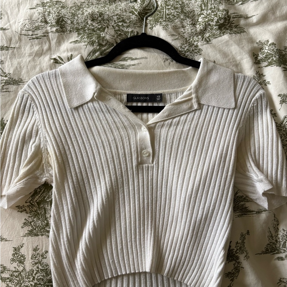 Glassons Cream Ribbed Polo Crop Top